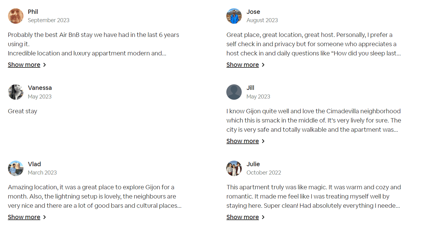 Una captura de pantalla que muestra los comentarios de los huéspedes sobre el alquiler de Airbnb