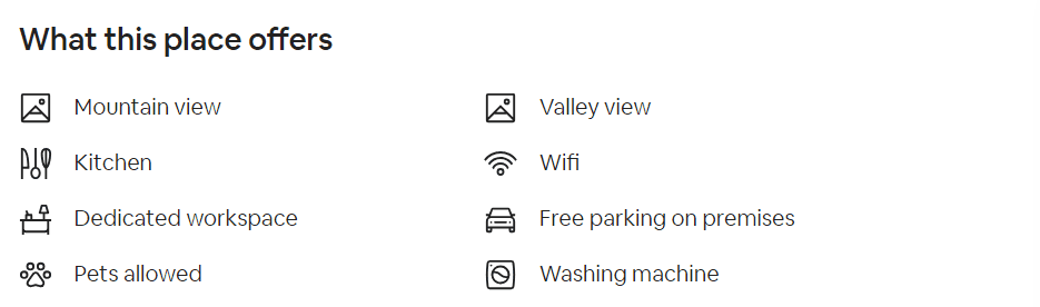Una captura de pantalla que muestra los servicios que ofrece un alquiler de Airbnb
