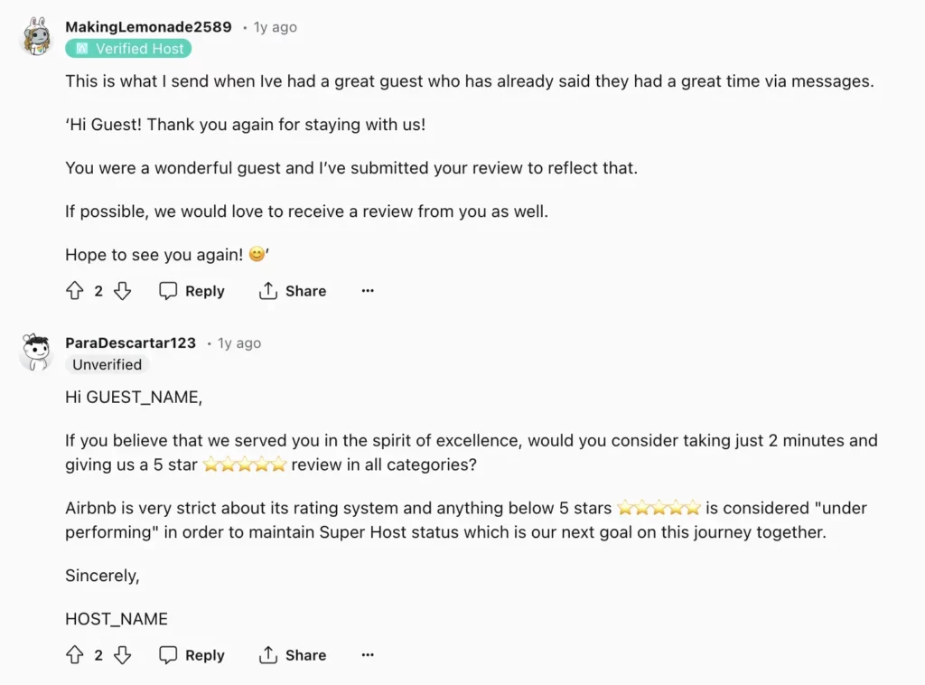 Modèle de demande d'avis Airbnb