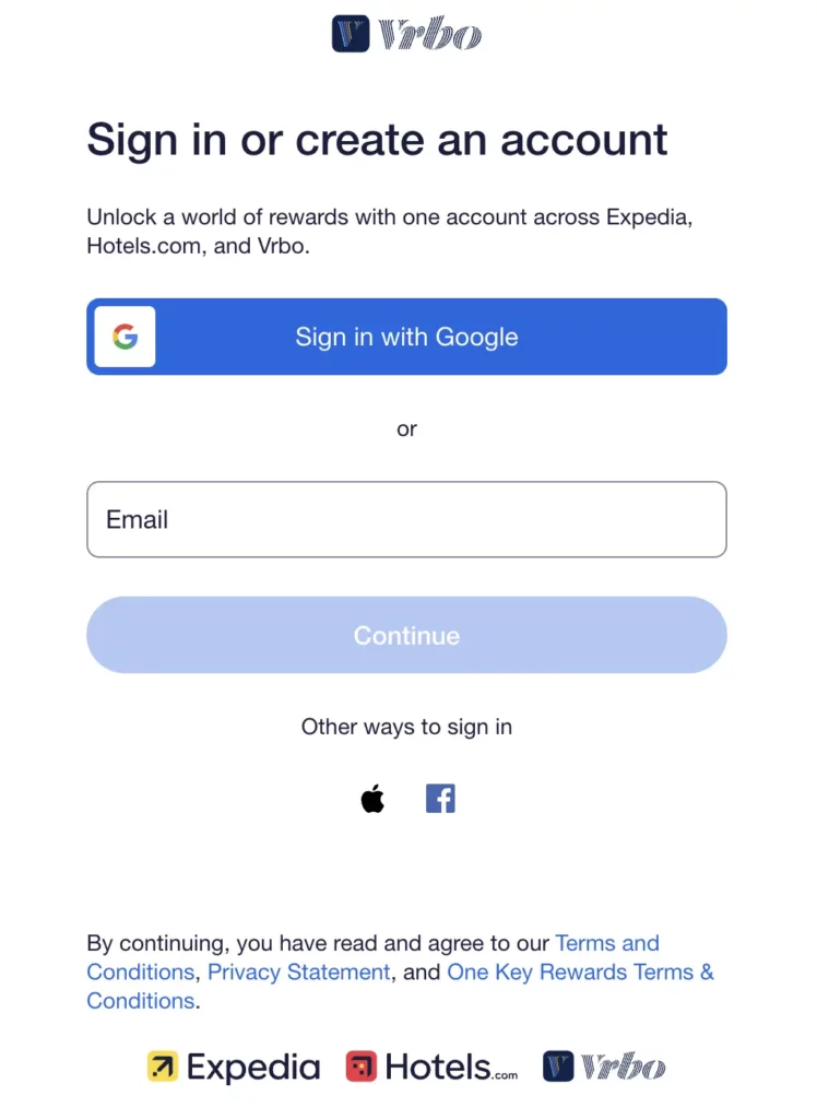 Login da conta Vrbo para coanfitriões