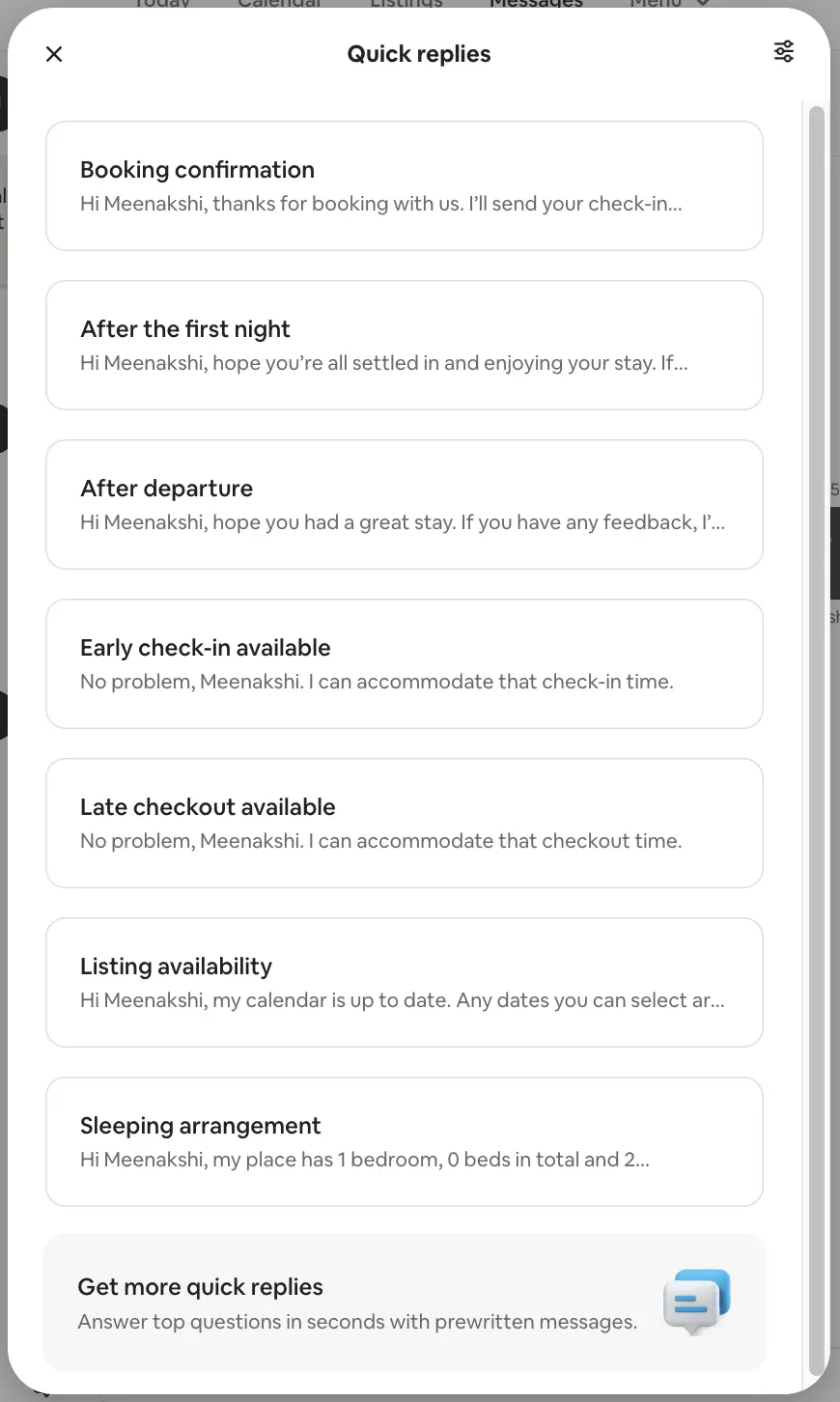 Risposte rapide nei messaggi di Airbnb