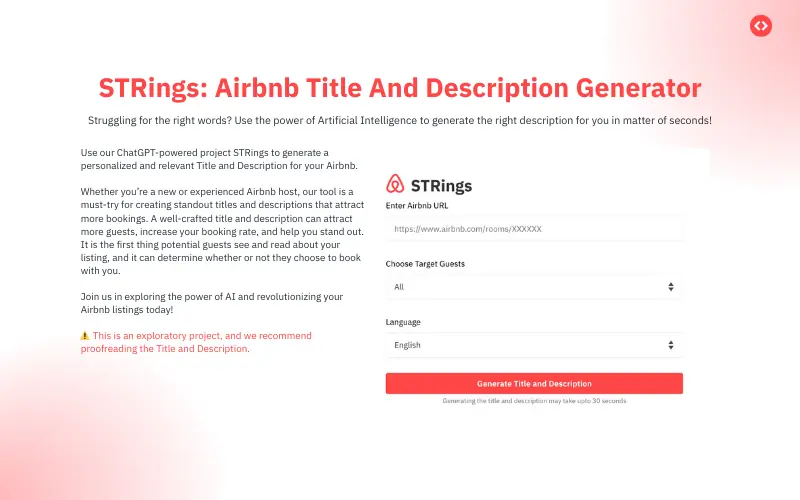 Use STRings: PriceLabs free Airbnb title and description generator to create SEO optimized descriptions 