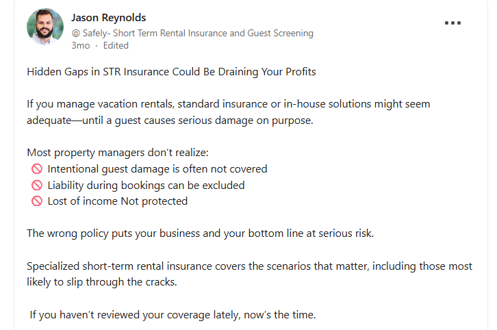 Short-term Rental expert shares the Importance of the Right Vacation Rental Insurance on LinkedIn