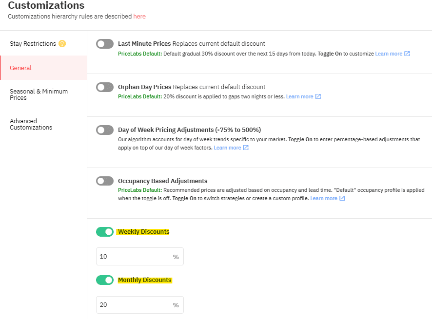 PriceLabs Customizations For Weekly and Monthly Discounts