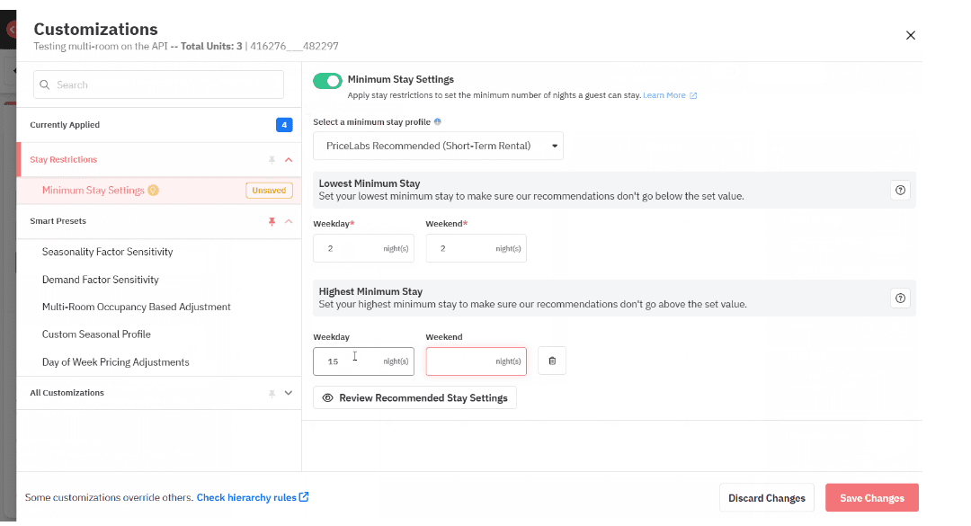 Minimum Stay adjustment on PriceLabs Revenue Management.