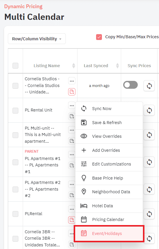 PriceLabs Events Calendar Screenshot from the product