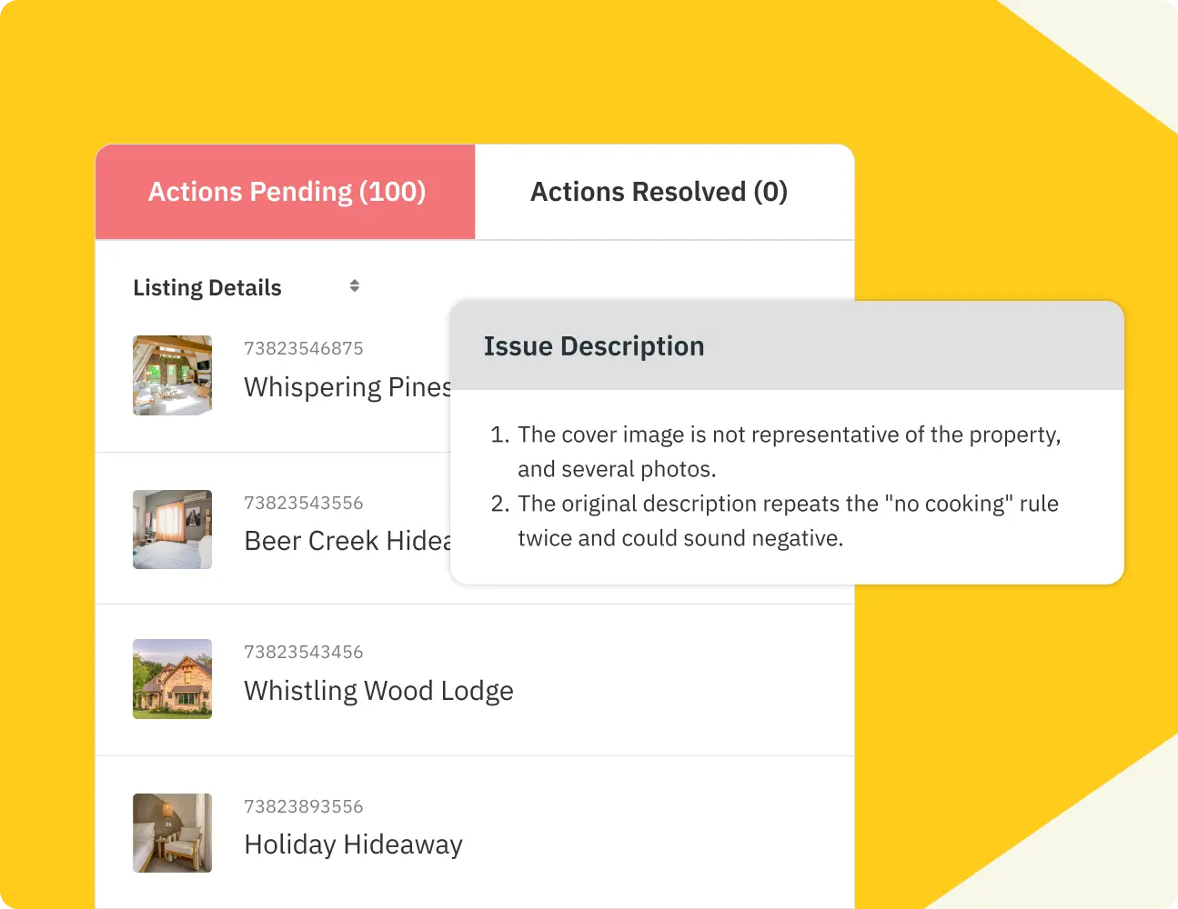 Airbnb listing analysis showing pending optimization actions and content issues affecting visibility