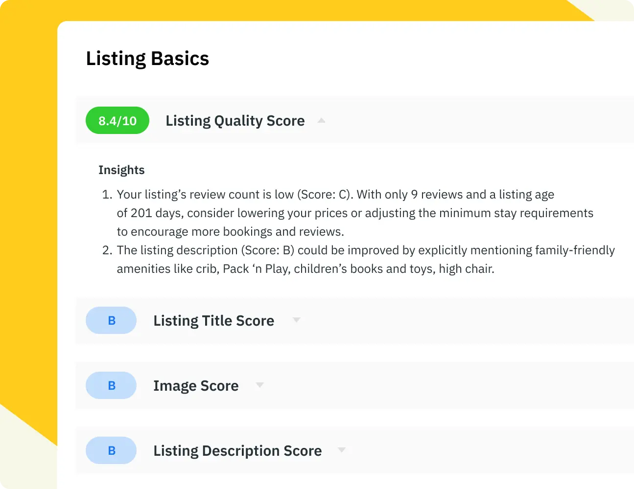 Note de qualité Airbnb avec des informations détaillées sur les titres, les images, les descriptions et les avis.