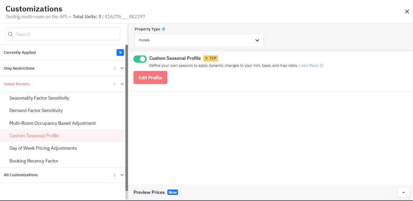 Custom Seasonal profiles Customization for Hotels