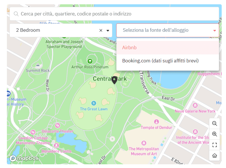 Mappa con selezione fonte alloggio e filtro camere