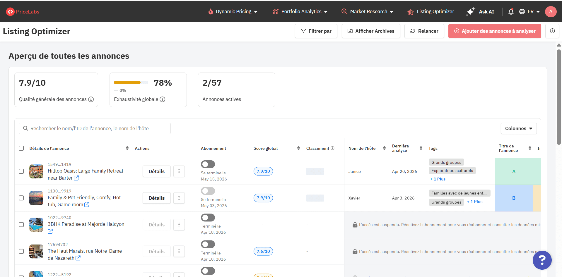 Tableau de bord de Listing Optimizer affichant des suggestions d'IA.