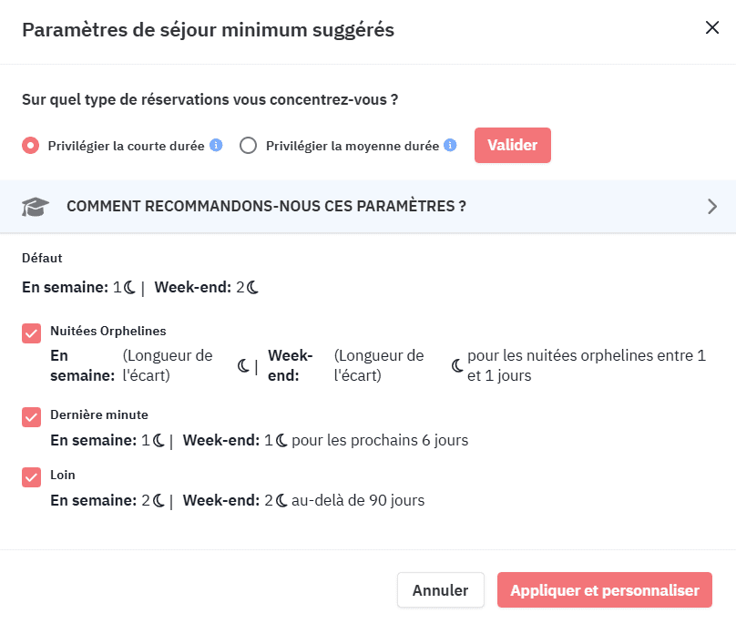 Paramètres de séjour minimum suggérés
