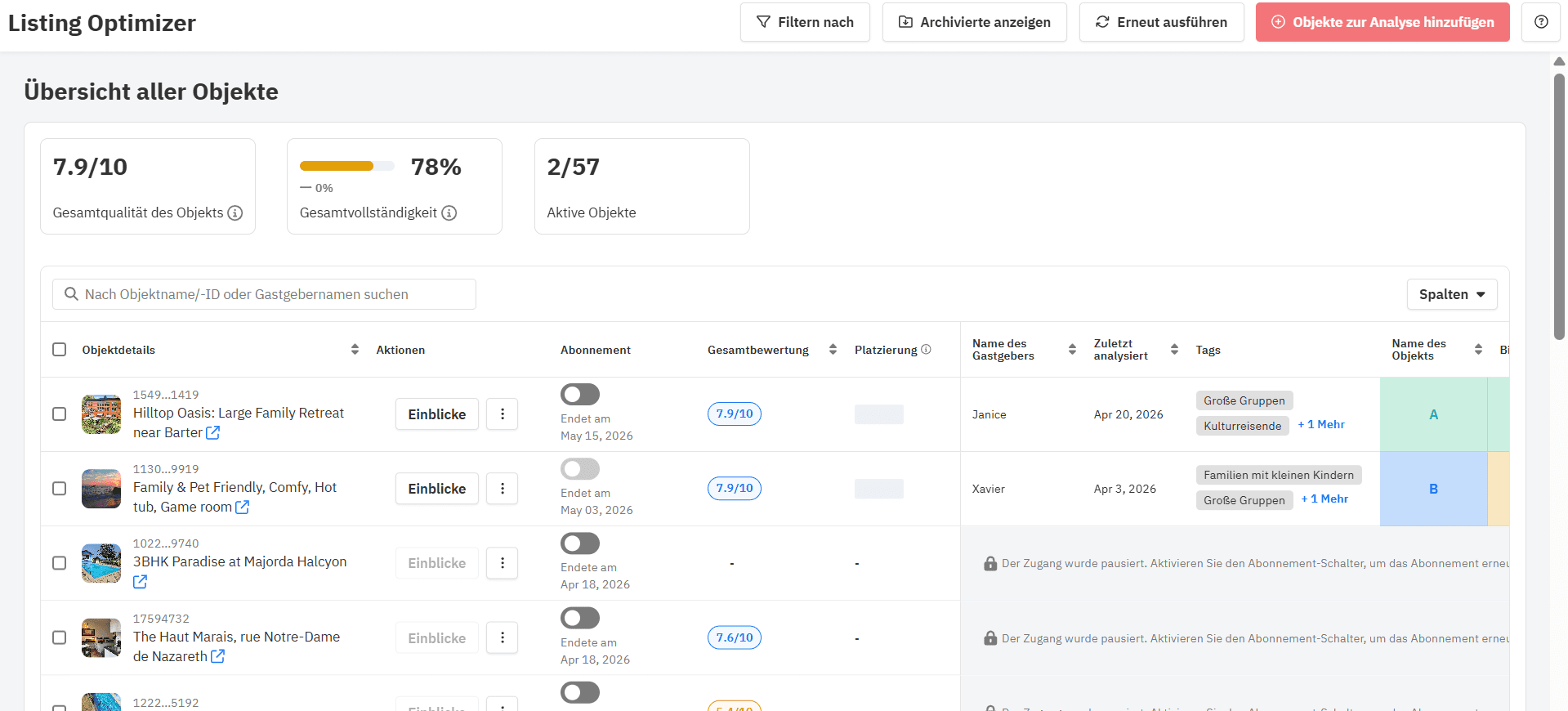 Listing Optimizer-Dashboard mit KI-Vorschlägen.