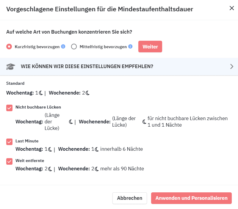 Vorgeschlagene Einstellungen für die Mindestaufenthaltsdauer