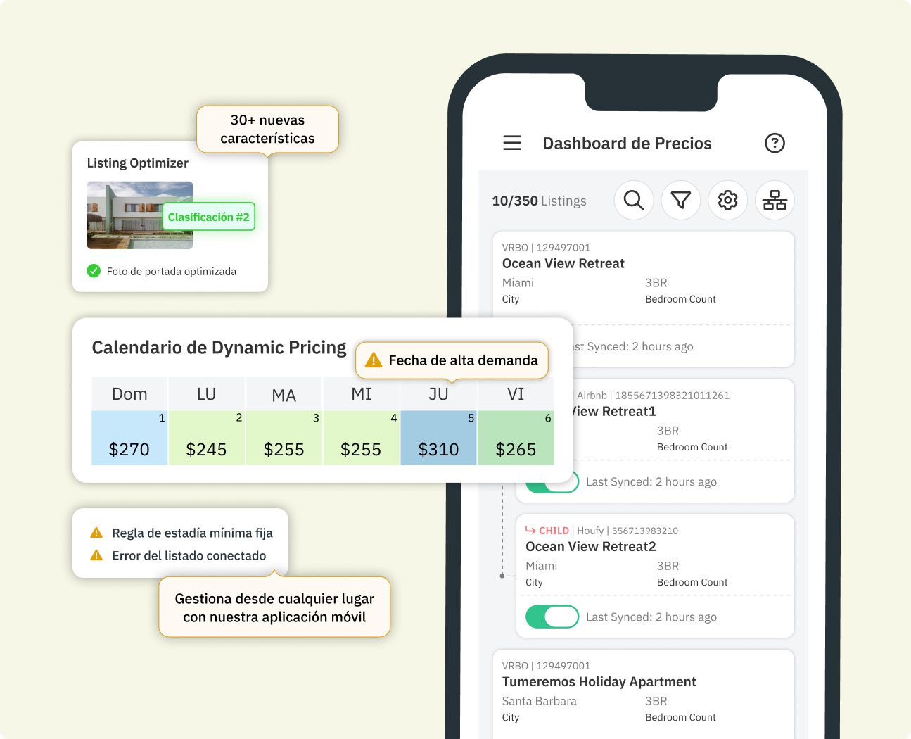 Dashboard de Revenue Accelerator de PriceLabs con Dynamic Pricing, tendencias de reserva y análisis IA.