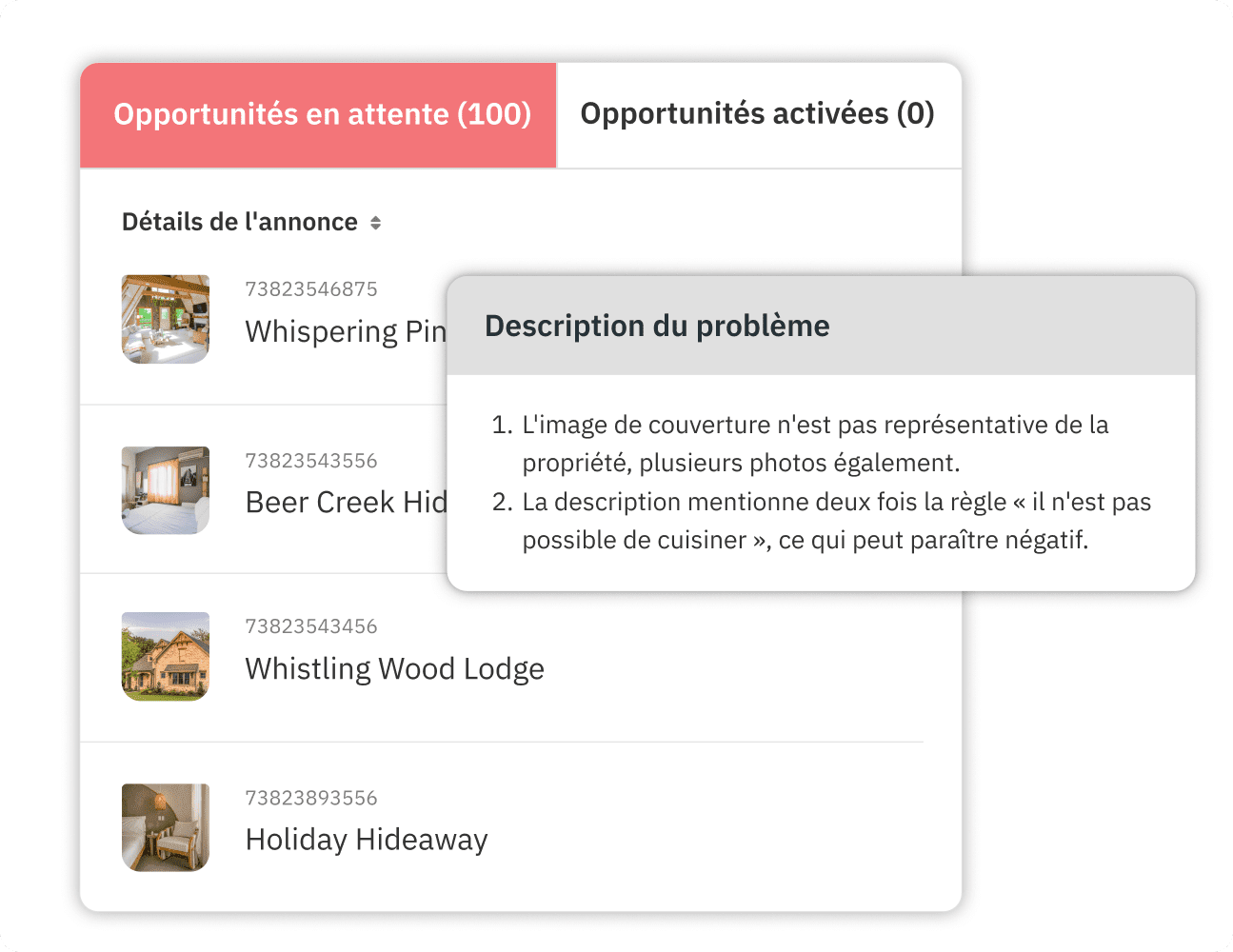 Tableau de bord de Listing optimizer avec des suggestions IA