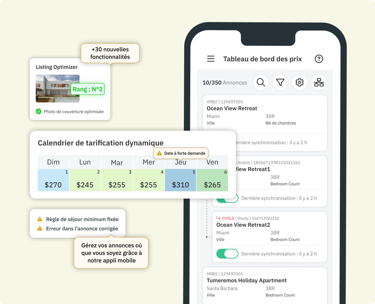 Tableau de bord de l'Accélérateur de revenus PriceLabs avec Dynamic Pricing, tendances de réservation et analyses IA.