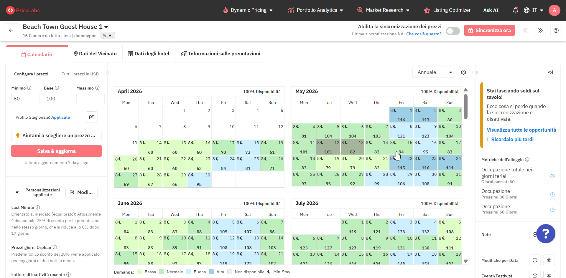 Calendario di Dynamic Pricing che mostra come applicare un profilo di sostituzione per date specifiche.