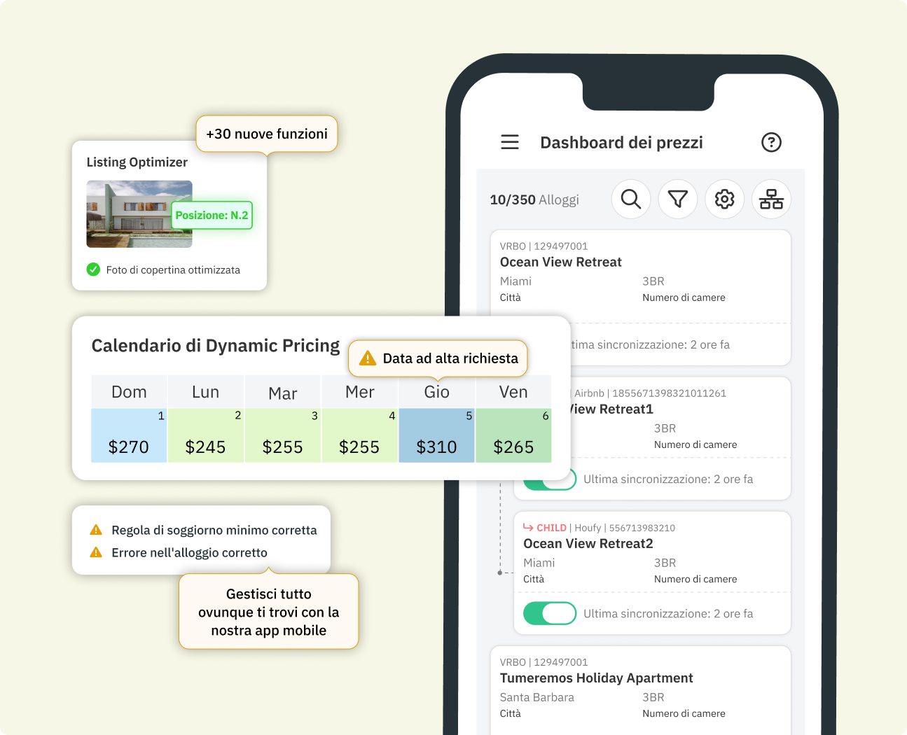 Dashboard di Revenue Accelerator di PriceLabs che mostra il Dynamic Pricing, le tendenze di prenotazione e i report di analisi IA.