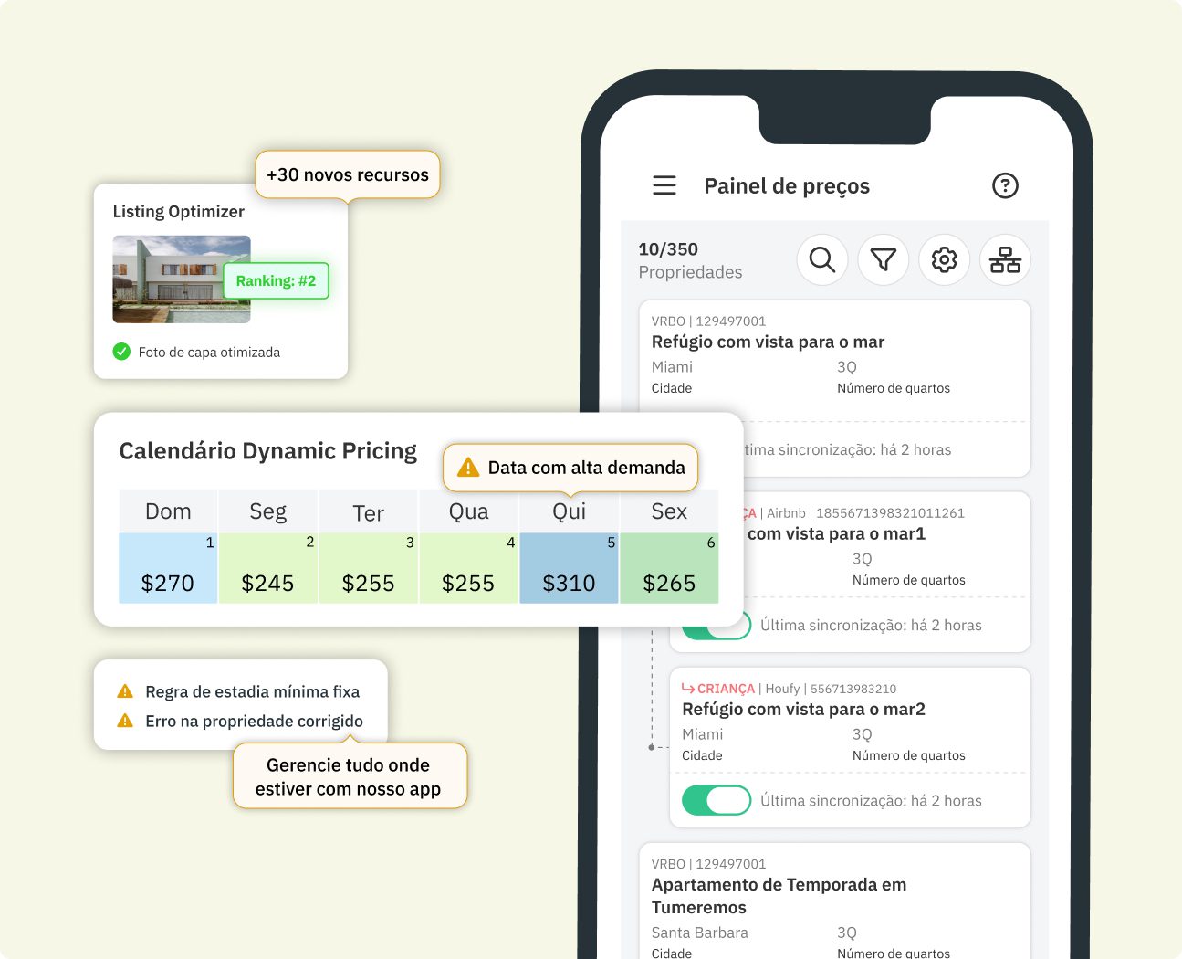 Painel do Revenue Accelerator da PriceLabs mostrando o Dynamic Pricing, tendências de reserva e relatórios de análise de IA.